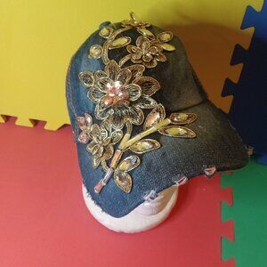 Bedazzled Denim Jean Cap Hat Flowers Bejeweled